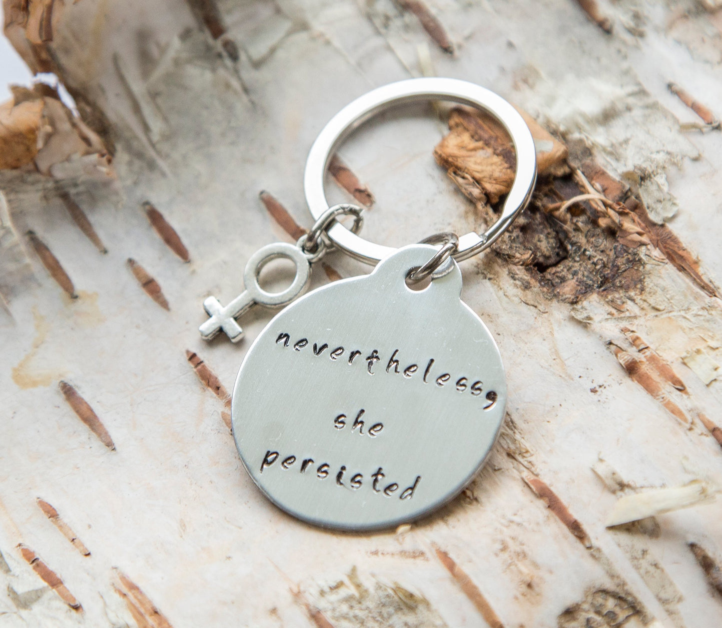 Nevertheless She Persisted keychain, feminist hand stamped keyring,