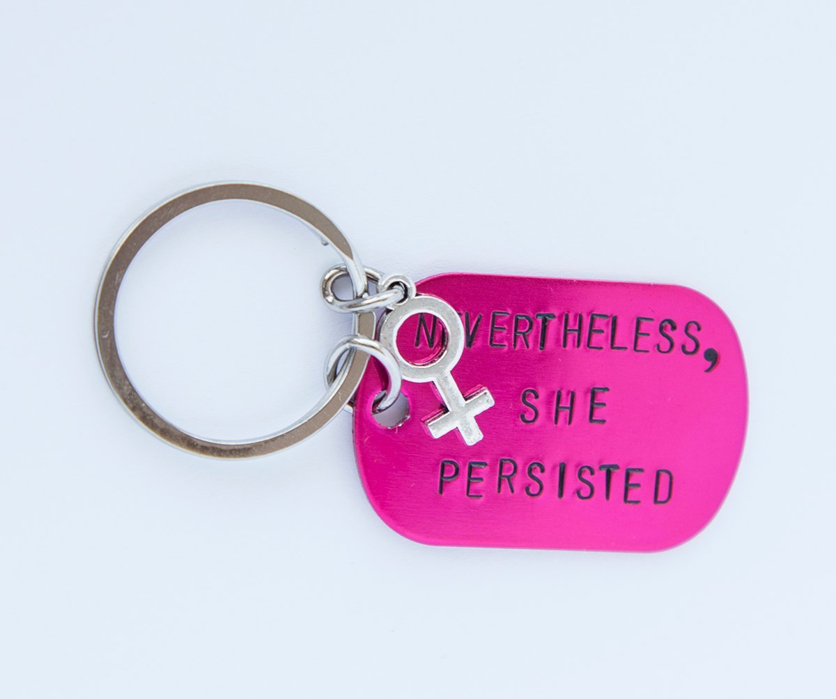 Nevertheless She Persisted keychain, pink feminist hand stamped key