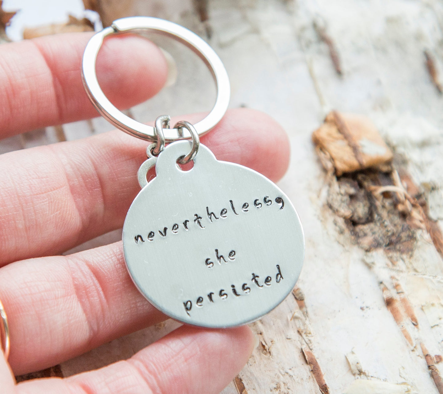 Nevertheless She Persisted keychain, feminist hand stamped keyring,