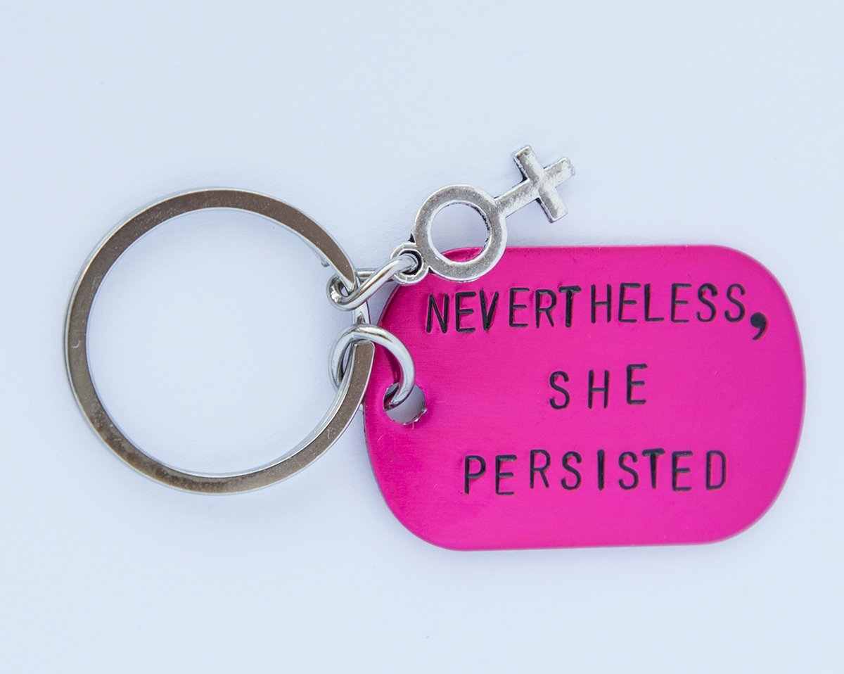 Nevertheless She Persisted keychain, pink feminist hand stamped key