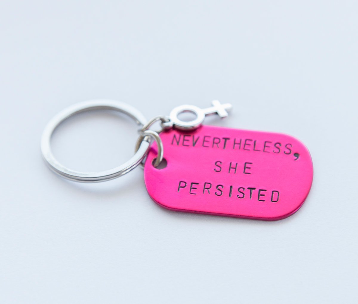 Nevertheless She Persisted keychain, pink feminist hand stamped key