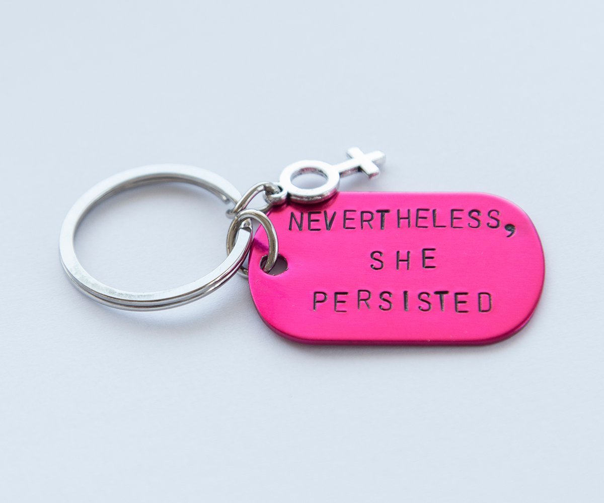 Nevertheless She Persisted keychain, pink feminist hand stamped key