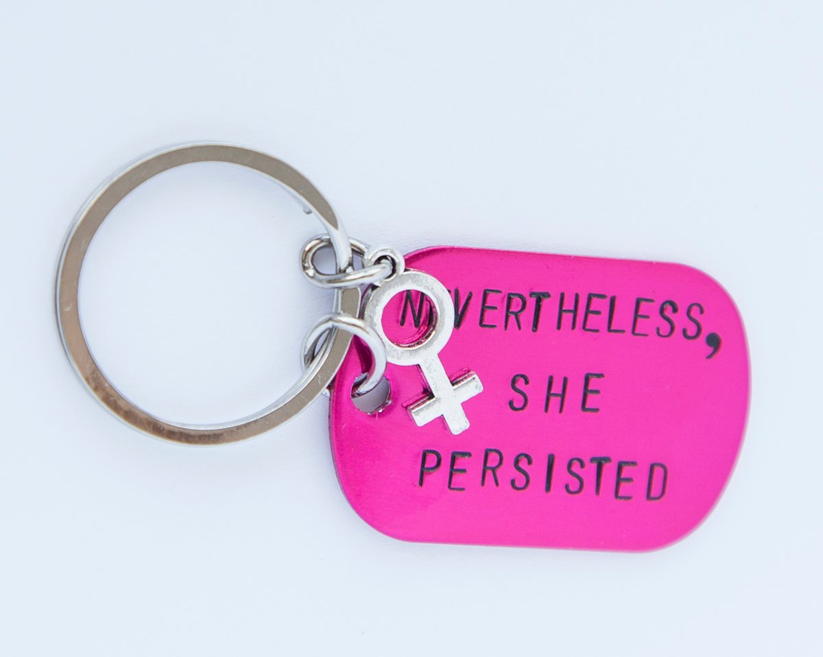 Nevertheless She Persisted keychain, pink feminist hand stamped key