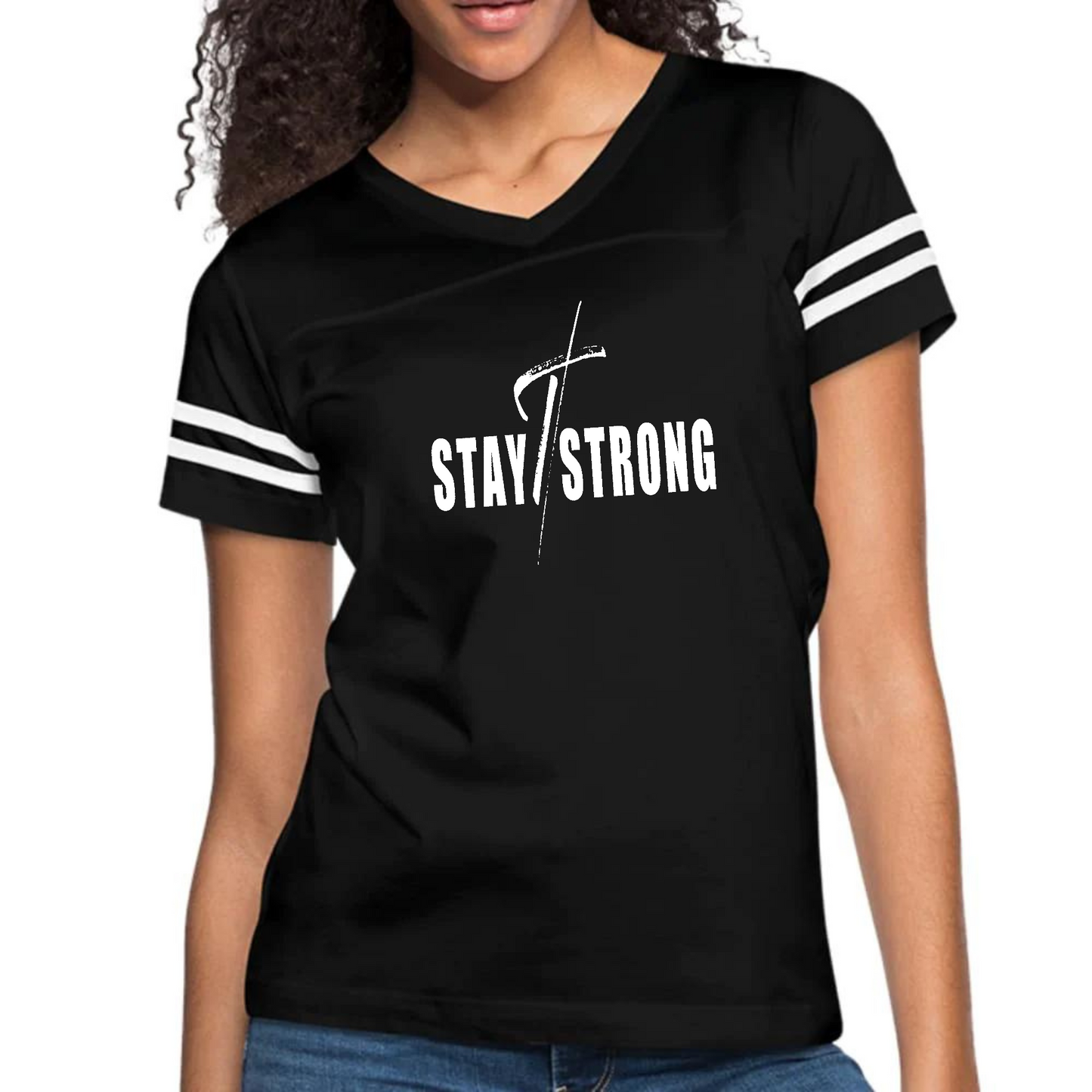 Womens Vintage Sport Graphic T-shirt, Stay Strong With Cross White